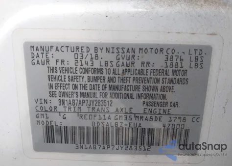 2018 Nissan Sentra S z USA, uszkodzony, nr VIN 3N1AB7AP7JY283512